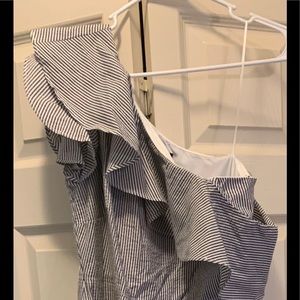 Seersucker one-shoulder dress